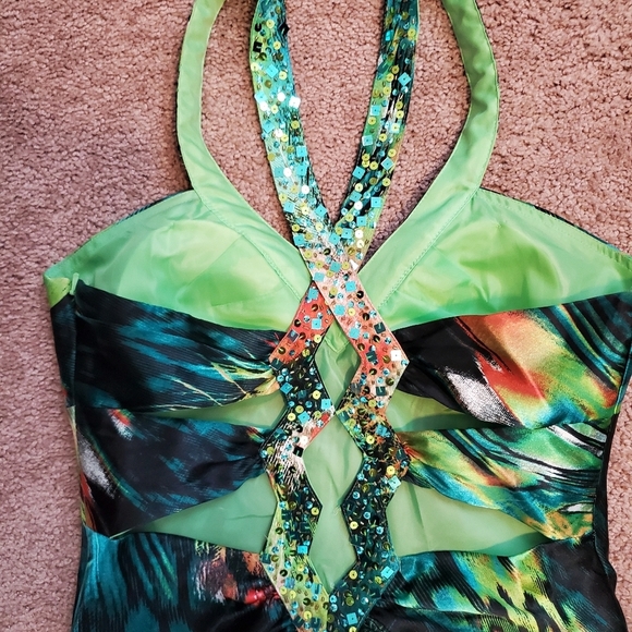 Hailey Logan by Adrianna Papell Sequin Watercolor Tropical Maxi Dress, Size 5/6 - Picture 9 of 12